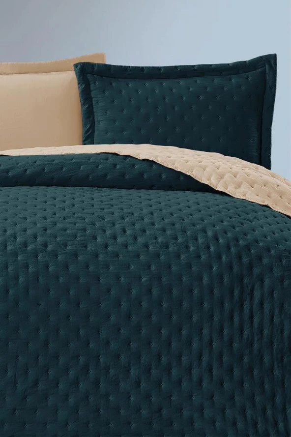 Washed Soft Çift Taraflı Çift Kişilik Yatak Örtüsü Yeşil