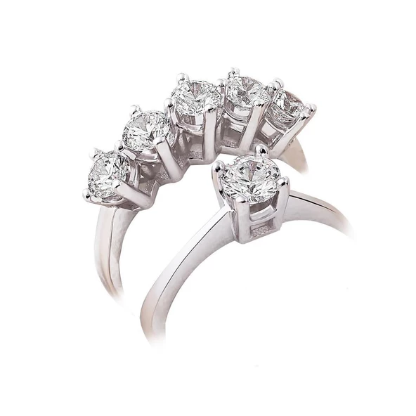 925 Ayar Gümüş Swarovski Tek Taş Beş Taş Yüzük Set - 2