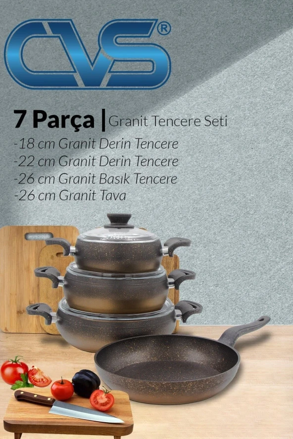 CVS 7 Parça Granit Tencere Seti (18CM-22CM-26CM 26CM) Dn 20007 Gold