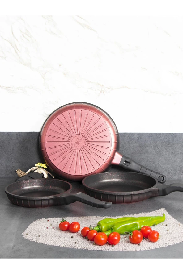 CVS 3'lü Yanmaz Yapışmaz Kırmızı Granit Tava Seti (20CM-24CM-28 CM) - 2