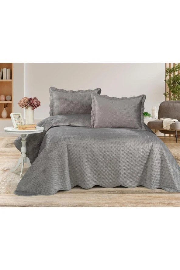 Askana Çift Kişilik Lüks Kadife Yatak Örtüsü Gri - Resim 2