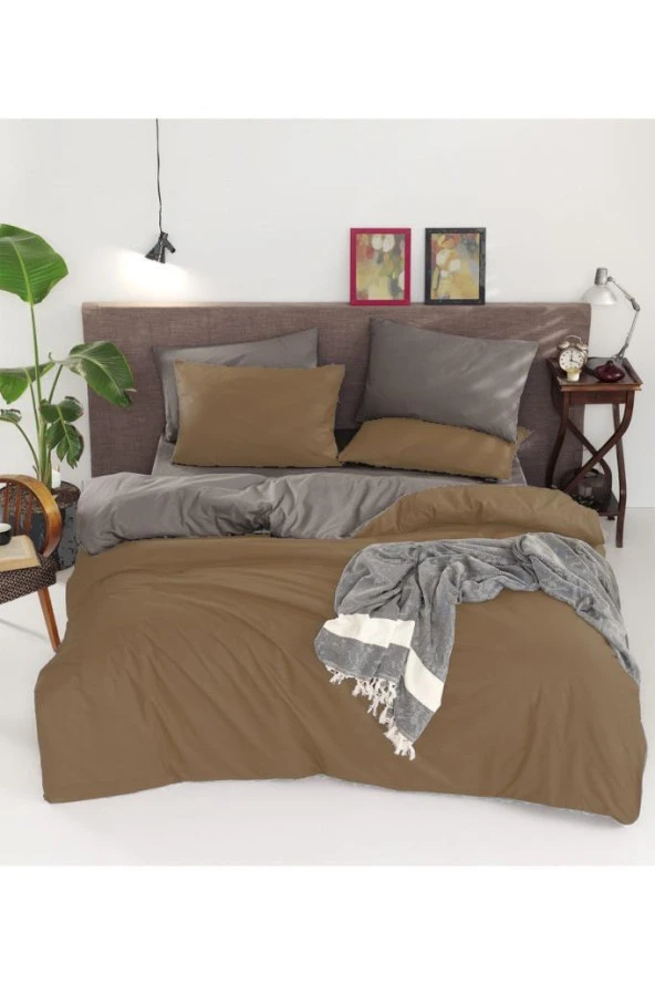 Natural Çift Taraflı Çift Kişilik Nevresim Takımı Kahve Gri ürün görseli