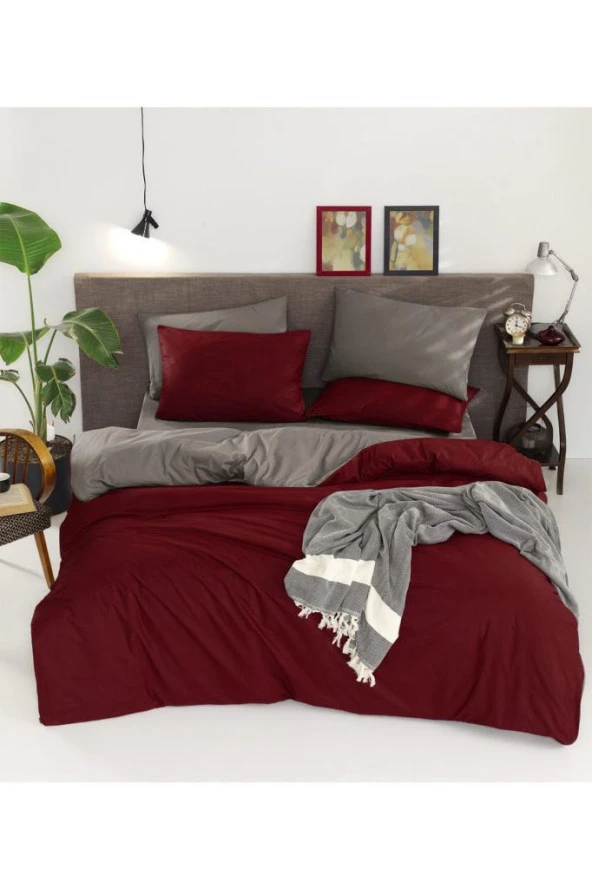 Natural Çift Taraflı Çift Kişilik Nevresim Takımı Bordo Gri ürün görseli