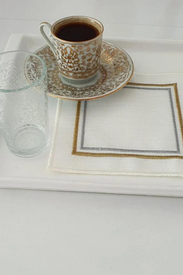 Çerçeve Nakışlı Keten Kare Bardak Altlığı Seti 6 Lı