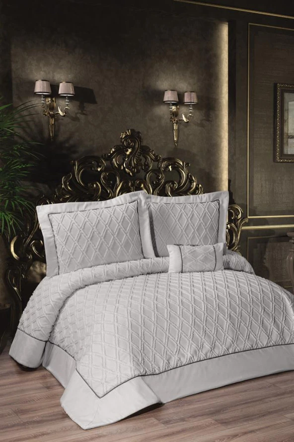 Harley Dolgulu Şönil Çift Kişilik Yatak Örtüsü Gri ürün görseli