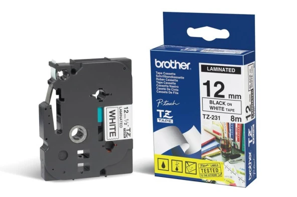 Brother TZE-231 12 mm Beyaz Üzeri Siyah Laminasyonlu Etiket - 1