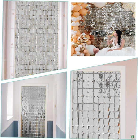 Ekstra Metalize Gümüş Renk Disko Dikdörtgen Kesim Kapı Perdesi Dekorasyon 1x2 Metre ürün görseli 1
