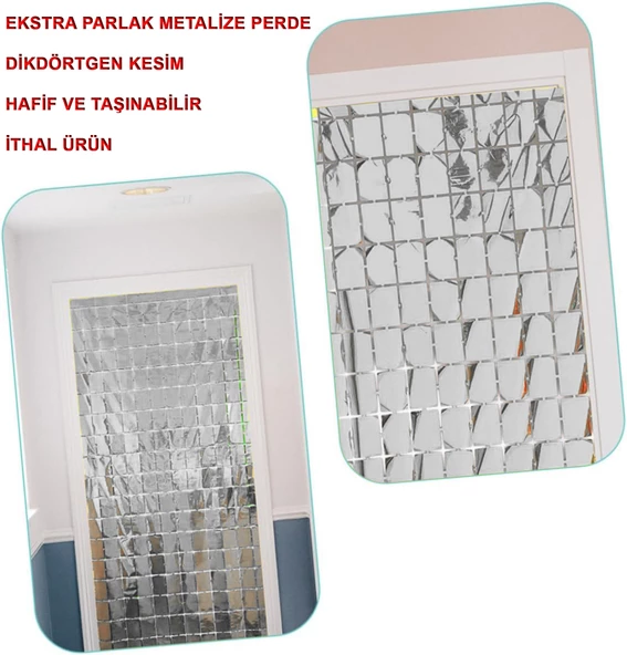 Ekstra Metalize Gümüş Renk Disko Dikdörtgen Kesim Kapı Perdesi Dekorasyon 1x2 Metre - Resim 2