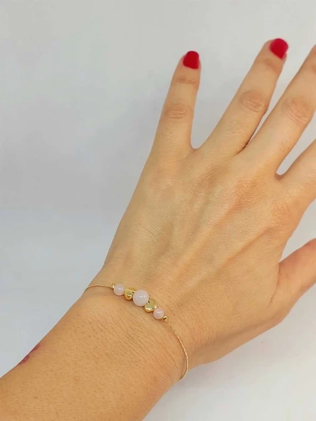 Pembe Kuvars Taşı Tasarım Bileklik (49858) - Resim 3