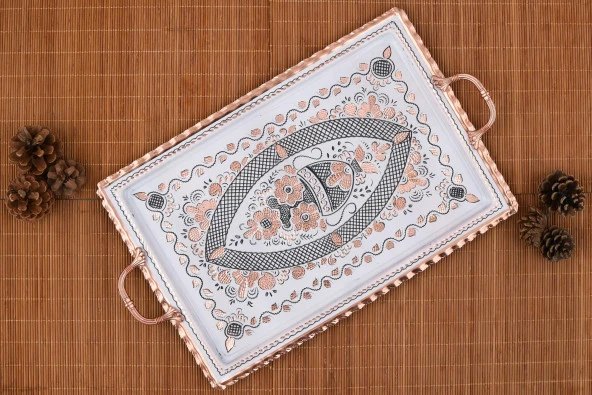 Erzincan El İşlemeli Bakır DİKDÖRTGEN TEPSİ NO:3 BEYAZ - 2