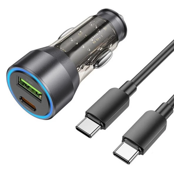Polham HC 43W 1x Type-C 1x USB Girişli ve 1mt Type-C Kablolu Araç Şarjı,Akım,Voltaj,Isı Korumalı