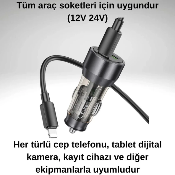 Polham HC 43W 1x Type-C 1x USB Girişli ve 1mt Type-C to İphone Lightning Kablolu Araç Şarjı,Akım,Voltaj,Isı Korumalı - 5