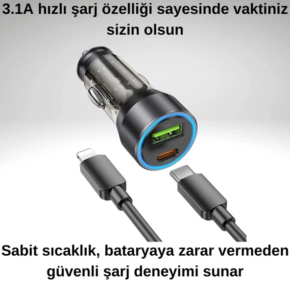Polham HC 43W 1x Type-C 1x USB Girişli ve 1mt Type-C to İphone Lightning Kablolu Araç Şarjı,Akım,Voltaj,Isı Korumalı - 9