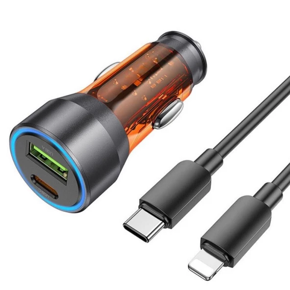 Polham HC 43W 1x Type-C 1x USB Girişli ve 1mt Type-C to İphone Lightning Kablolu Araç Şarjı,Akım,Voltaj,Isı Korumalı - 6