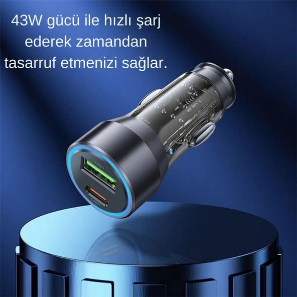 Polham HC 43W 1x Type-C 1x USB Girişli ve 1mt Type-C to İphone Lightning Kablolu Araç Şarjı,Akım,Voltaj,Isı Korumalı - 7