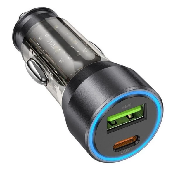 Polham HC 43W 1x Type-C 1x USB Girişli Araç Çakmaklık Hızlı Şarj Aleti, Akım, Voltaj ve Isı Korumalı Araç Şarjı