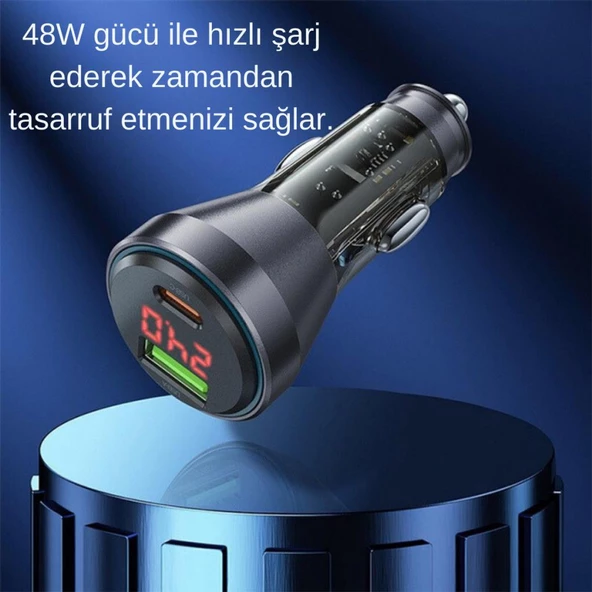 Coofbe Super Şarj Dijital Göstergeli USB+Type-C Giriş PD48W Araç Çakmaklık Şarjı Type-C Şarj Kablosu - 7