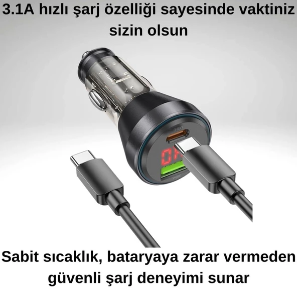 Coofbe Super Şarj Dijital Göstergeli USB+Type-C Giriş PD48W Araç Çakmaklık Şarjı Type-C Şarj Kablosu - 9
