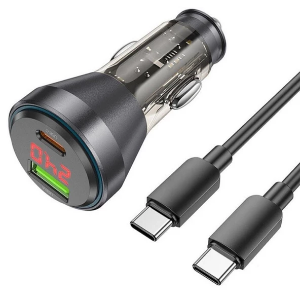 Coofbe Super Şarj Dijital Göstergeli USB+Type-C Giriş PD48W Araç Çakmaklık Şarjı Type-C Şarj Kablosu