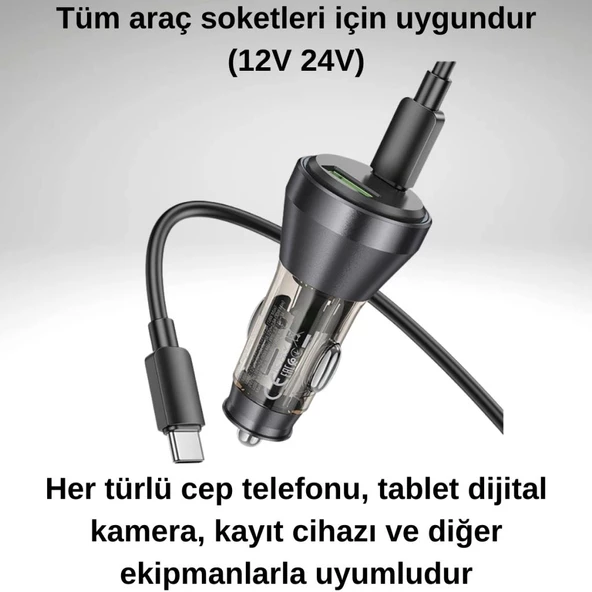 Coofbe Super Şarj Dijital Göstergeli USB+Type-C Giriş PD48W Araç Çakmaklık Şarjı Type-C Şarj Kablosu - 10