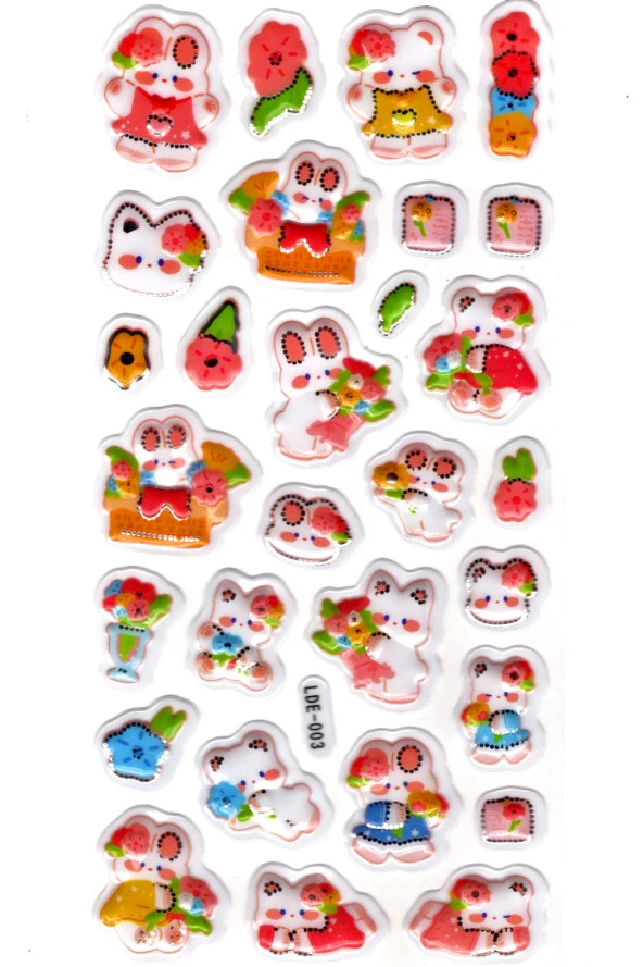Sticker Kabartmalı Stiker Defter Planlayıcı Etiket (Lde003)-19x9cm - Çiçekli Tavşan Kedi