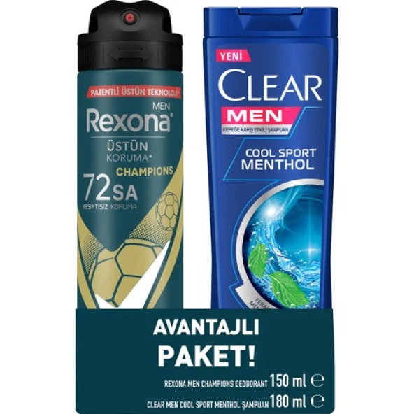 Rexona Men Erkek Sprey Deodorant Champions 150 Ml + Clear Men Saç Bakım Şampuanı Cool Sport Menthol 180 Ml