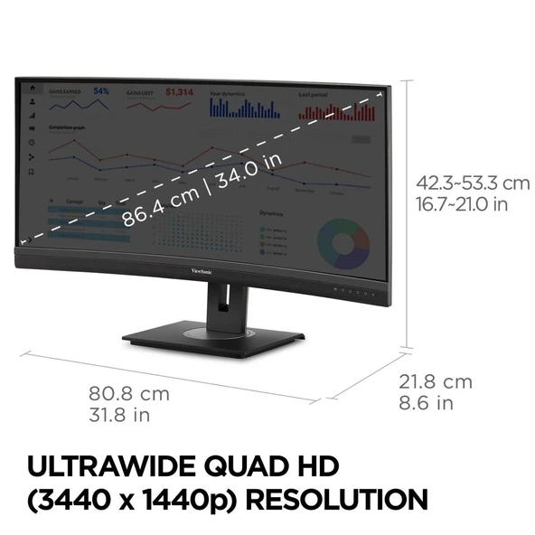 ViewSonic VG3456C 34" UWQHD Ergonomik 100W USB C ve RJ45'li 21:9 Curved Docking Profesyonel Monitor - 7