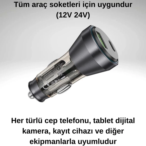 Coofbe Super Şarj Dijital Göstergeli USB+Type-C Giriş PD48W Araç Çakmaklık Şarjı Araç Hızlı Şarj Aleti - 5