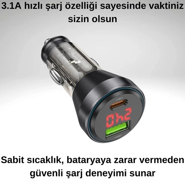 Coofbe Super Şarj Dijital Göstergeli USB+Type-C Giriş PD48W Araç Çakmaklık Şarjı Araç Hızlı Şarj Aleti - 4