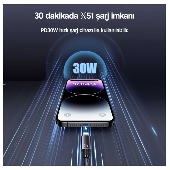 Usams US-SJ662 1.2m PD 30W Type-C to Lightning iPhone Hızlı Şarj ve Data Kablosu - 5