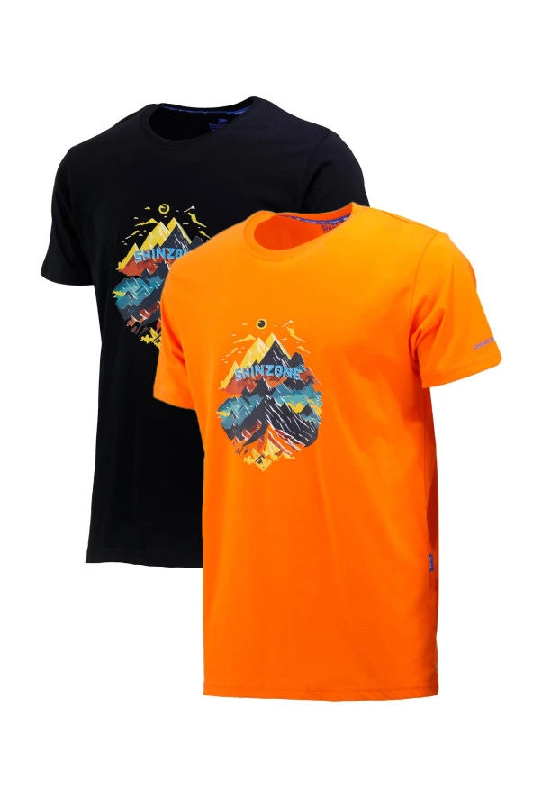 Erkek Mevsimlik Göğüs Baskılı Standart Fit Turuncu Siyah 2'li Set T-Shirt
