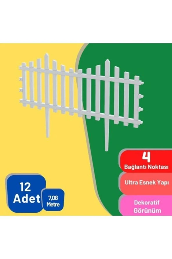 12 Adet 7,08 Metre Plastik Bahçe Çiti, Plastik Dekoratif Bahçe Çiti, 59 cm Bahçe Çiti, Beyaz