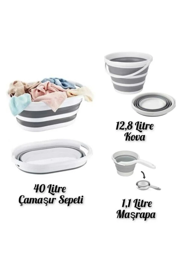 Tuğra Home 5 li katlanabilir multi set, kova maşrapa sepet badya süzgeç çamaşır sepeti banyo set