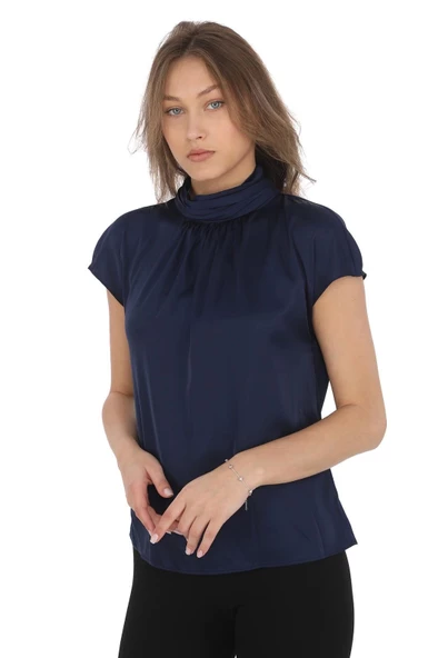 Yaka Drape Detaylı Saten Bluz 01-Lacivert - 2