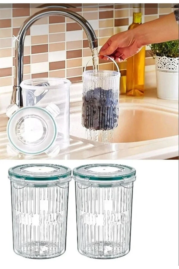 Tuğra Home Plastart LC-470 2 li Süzgeçli Sızdırmaz Zeytinlik Turşuluk Derin Saklama Kabı Seti KARMA04057-1T