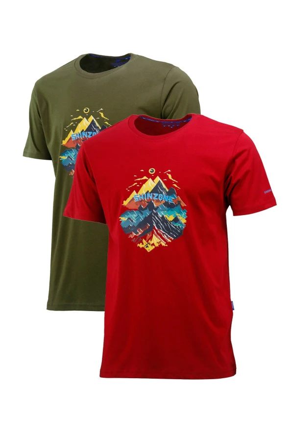 Erkek Mevsimlik Göğüs Baskılı Standart Fit Bordo Haki 2'li Set T-Shirt