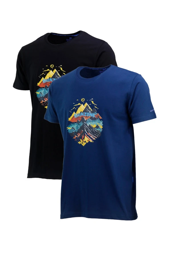 Erkek Mevsimlik Göğüs Baskılı Standart Fit İndigo Siyah 2'li Set T-Shirt