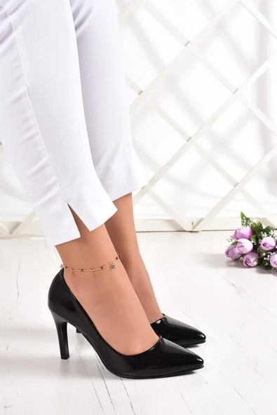 Erkan Saçmacı Gowa Siyah Rugan Sivri Burun İnce Topuklu Klasik Stiletto Ayakkabı - Resim 3