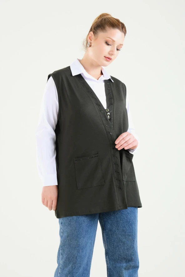 Kadın Üç Düğmeli Penye Hırka Haki