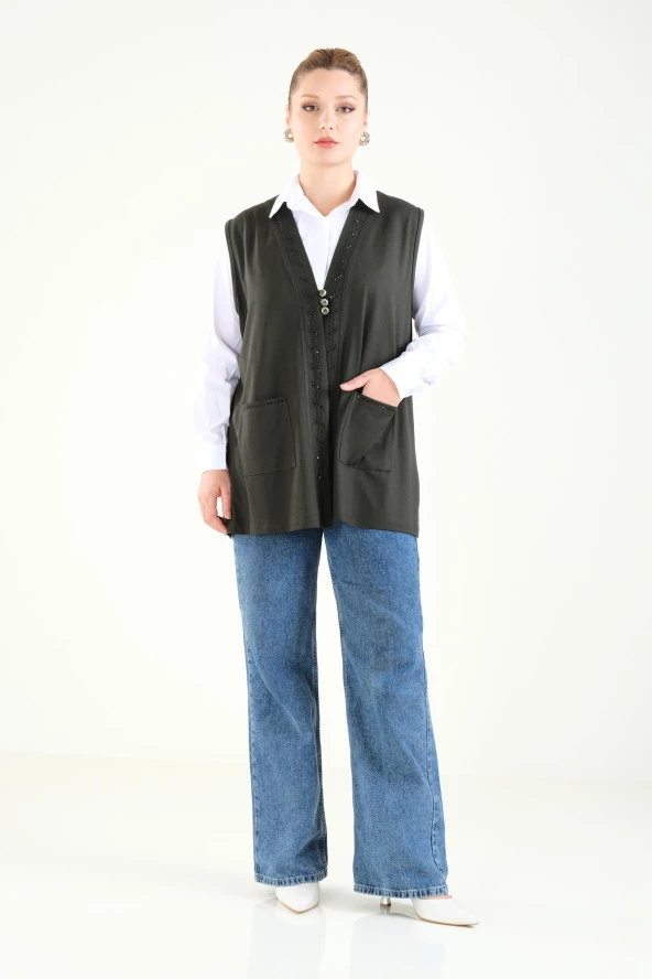 Kadın Üç Düğmeli Penye Hırka Haki - 3