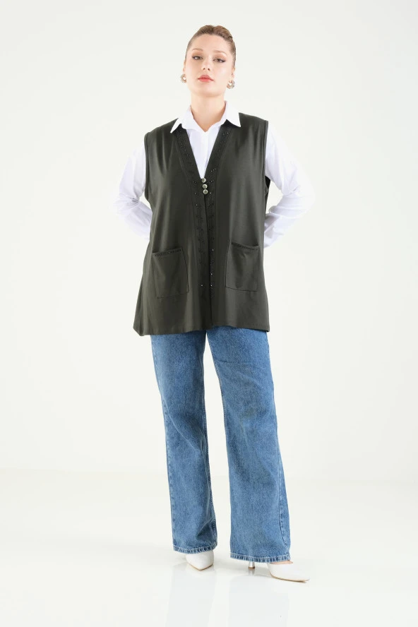 Kadın Üç Düğmeli Penye Hırka Haki - 4