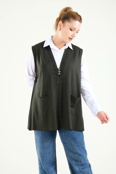 Kadın Üç Düğmeli Penye Hırka Haki - 2