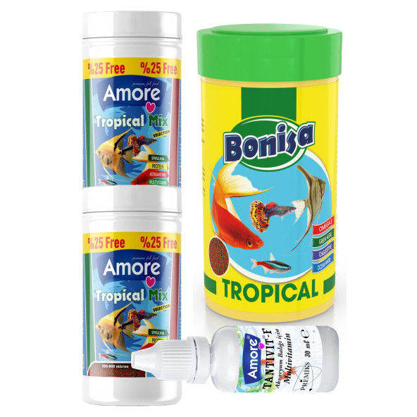 Tetra-Melek-Lepistes 4lü Balık Yemi Seti,Tropical Mix 2x125ml,Bonisa Tropical 250,Multivitamin