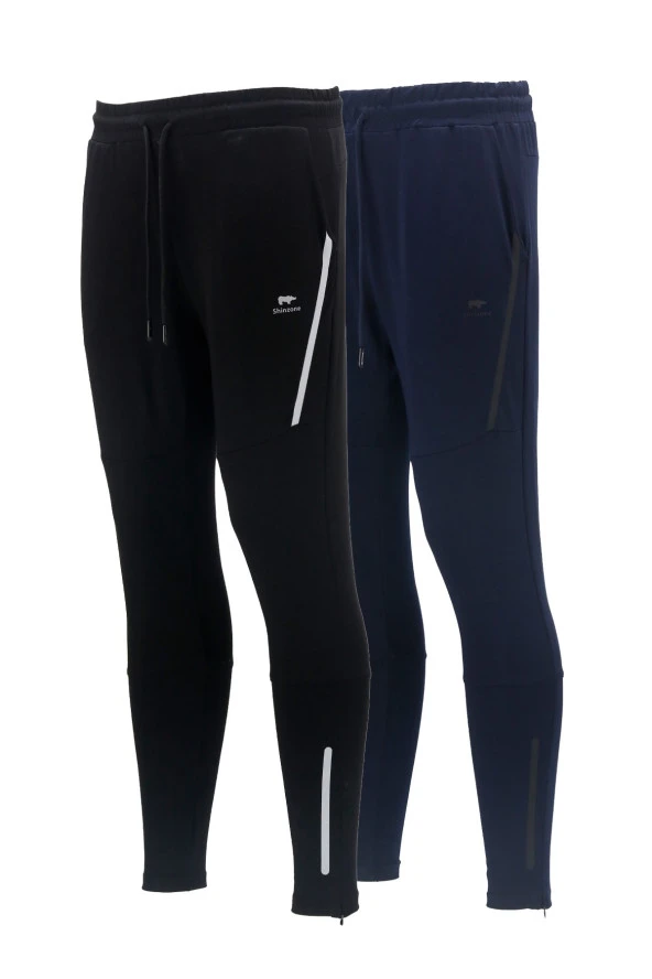 Erkek Standart Fit Lastikli Çizgi Detaylı Siyah Lacivert 2'li Eşofman Altı Seti