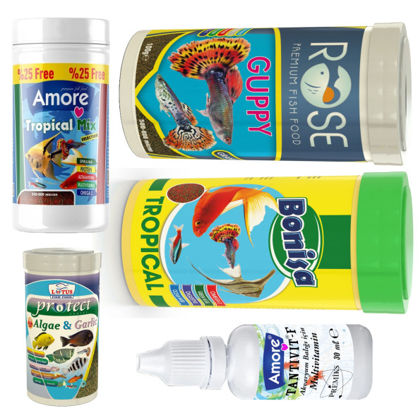 Tetra-Melek-Lepistes-Guppy 5li Balık Yemi Seti,Tropical Mix 125ml,Bonisa-250, Rose-250,Algae Garlic