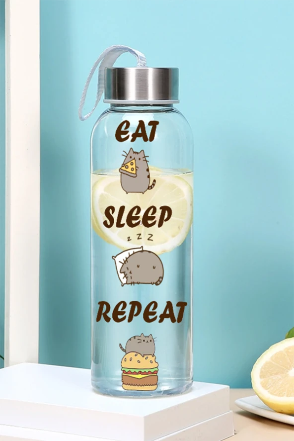 500 Ml Matara - Kedi Desen Motivasyon Matarası - Sticker Hediyeli Cam Suluk