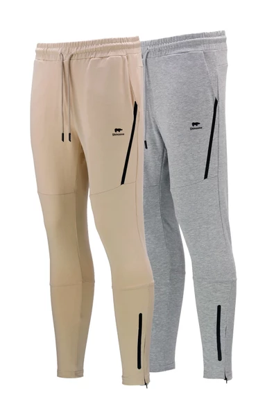 Erkek Standart Fit Lastikli Çizgi Detaylı Bej Gri 2'li Eşofman Altı Seti