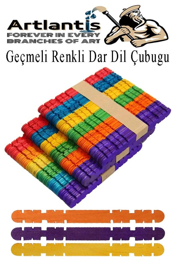Renkli Geçmeli Dil Çubuğu Dar 150 li 1 Paket Çentikli Tırtıklı Geçirmeli Eklemeli Renkli  Dondurma Çubuğu Kesik Uçlu Ahşap Çubuk - 1