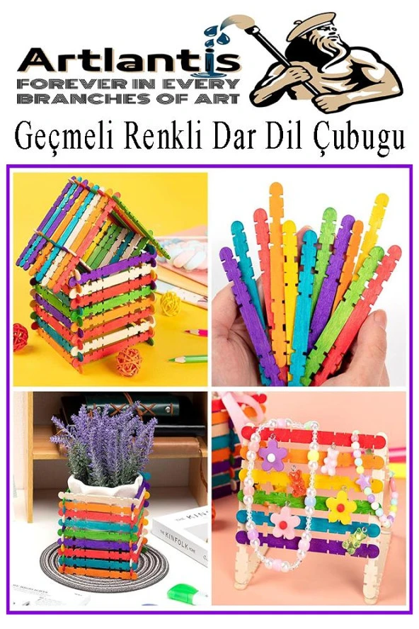 Renkli Geçmeli Dil Çubuğu Dar 150 li 1 Paket Çentikli Tırtıklı Geçirmeli Eklemeli Renkli  Dondurma Çubuğu Kesik Uçlu Ahşap Çubuk - 4