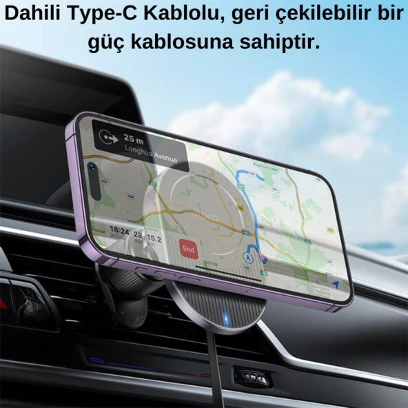 Coofbe Type-C Kablolu Magsafe Kablosuz 15W Araç Şarjı Araç Telefon Tutucu İphone 13 14 15 Pro Max Uyumlu - 2